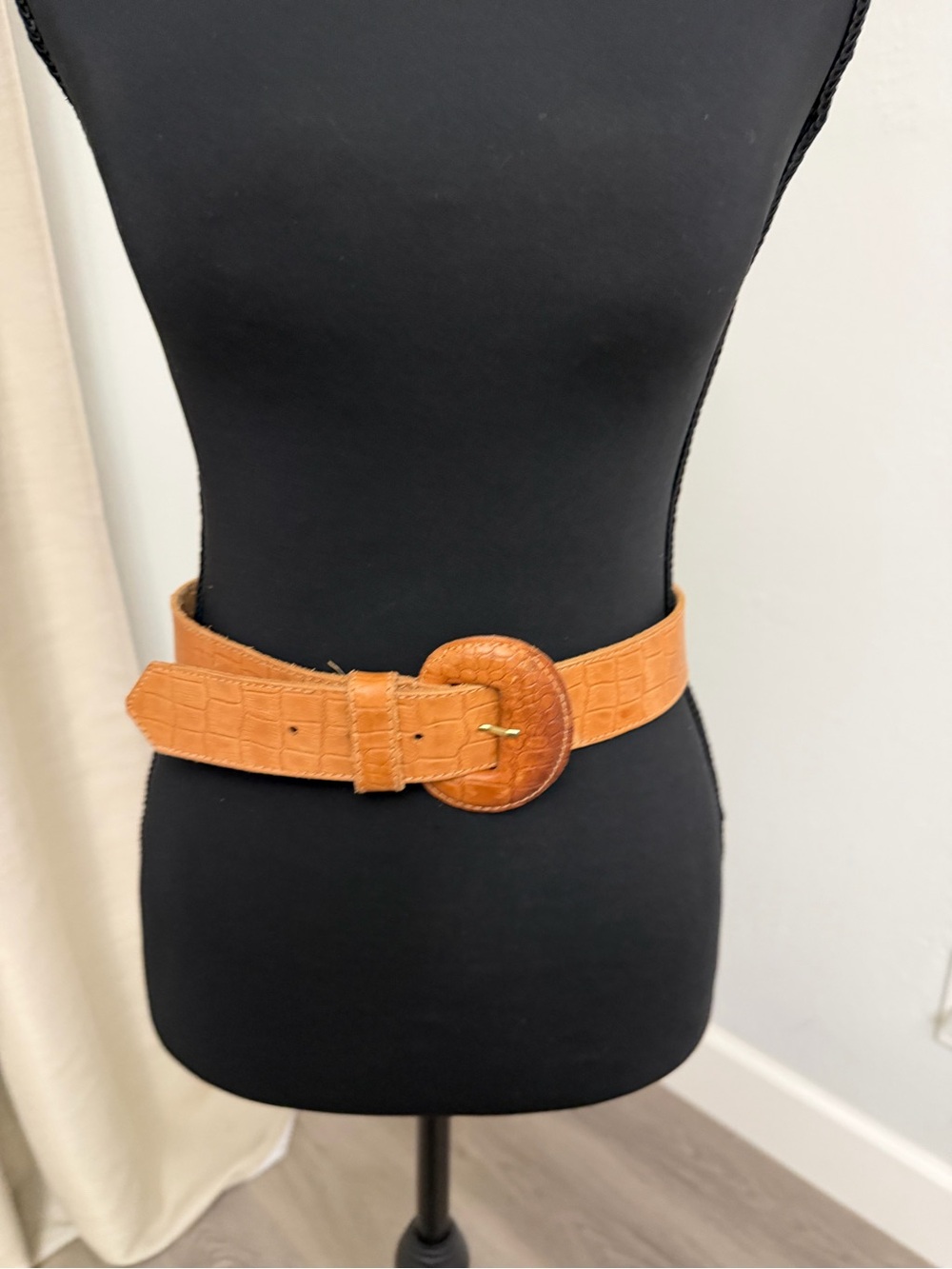 Cognac Croc-Embossed Wide Waist Belt with Round Buckle